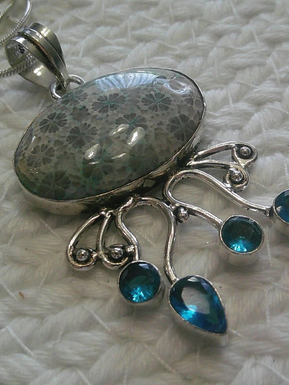FOSSIL CORAL & BLUE TOPAZ Handmade Sterling 925 Pendant/Chain #184F